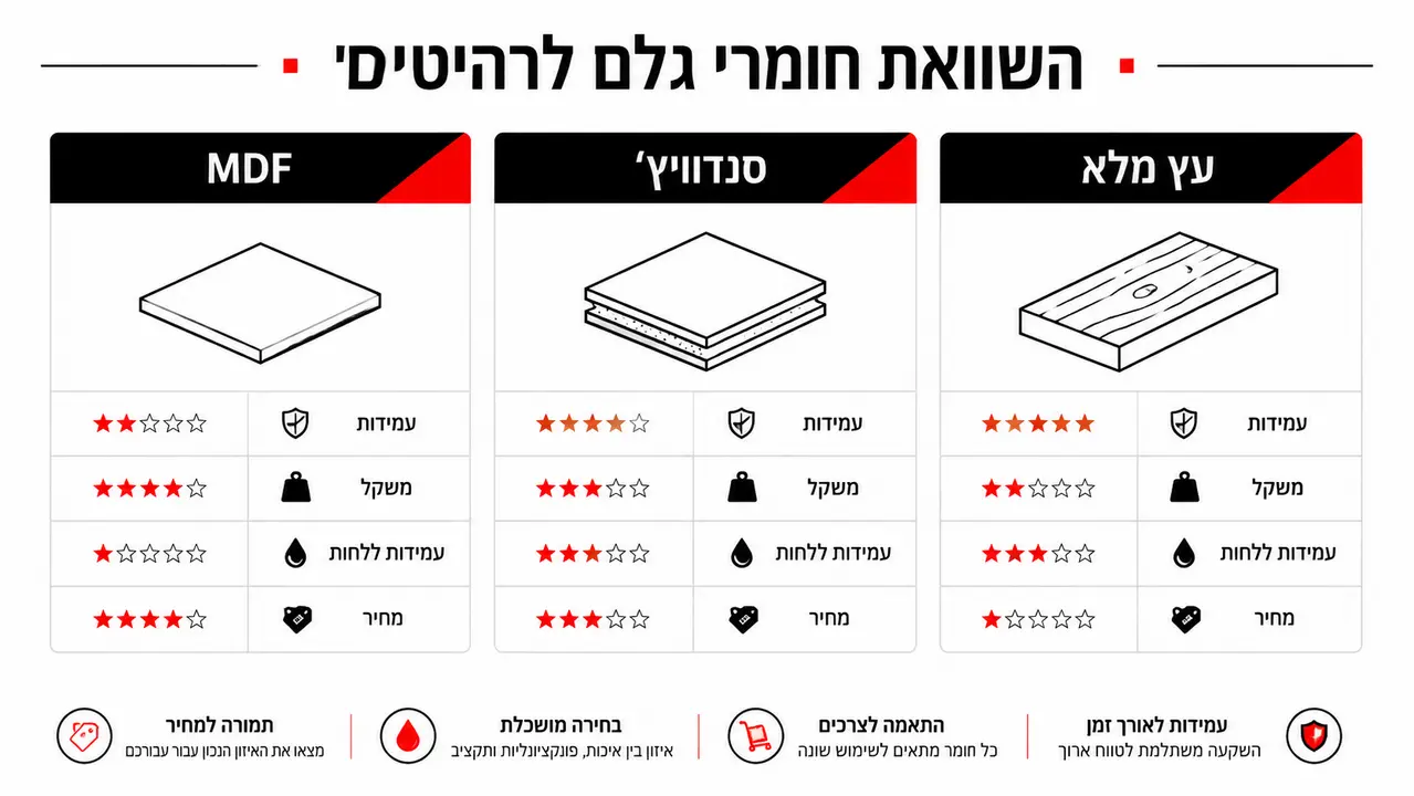 השוואה בין עץ מלא, לוח סנדוויץ' ו-MDF לרהיטים