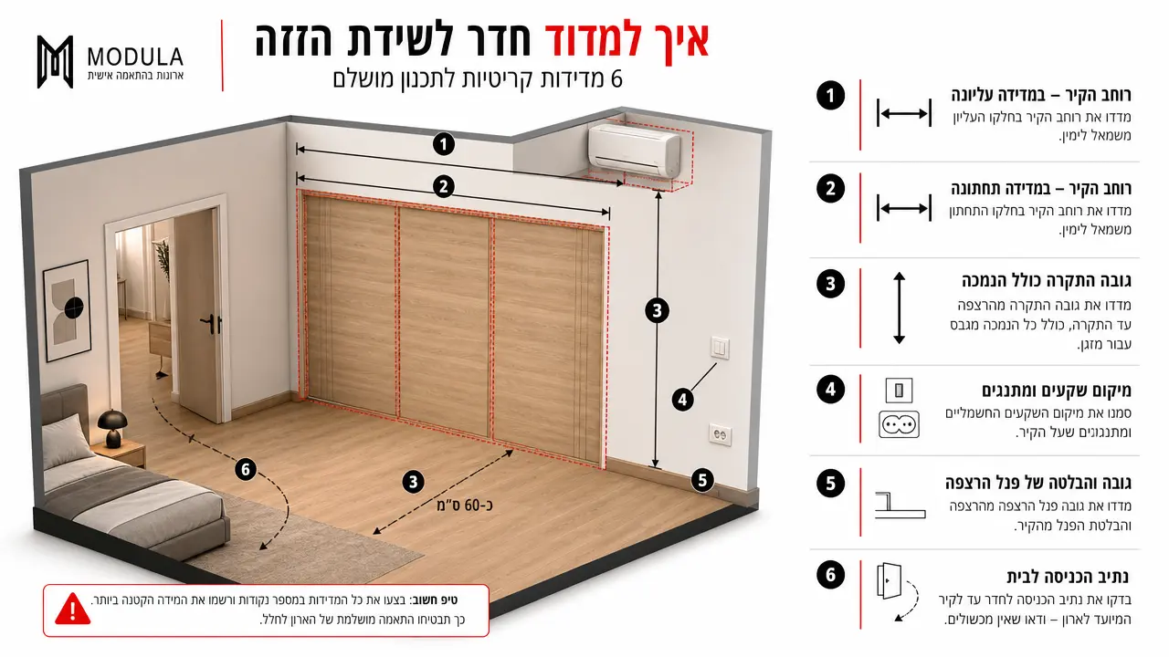 מדידת רוחב הקיר וגובה התקרה בחדר השינה לפני הזמנת ארון הזזה