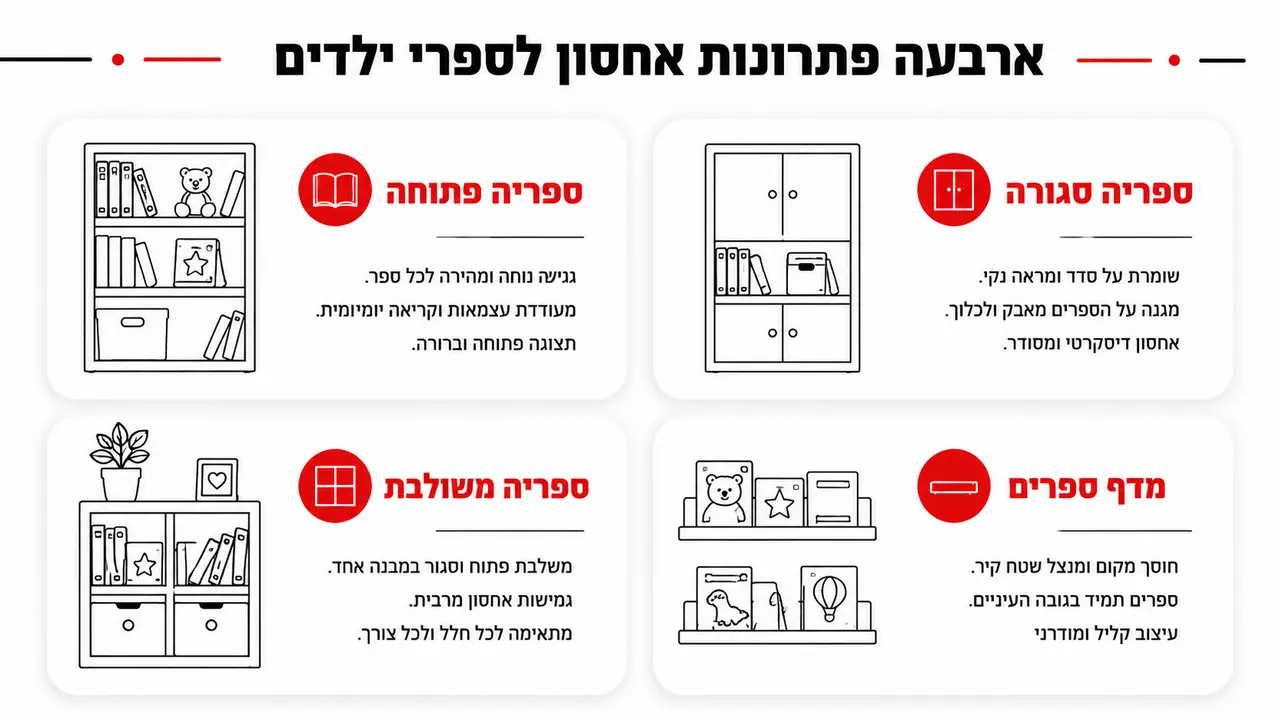 טבלת השוואה בין סוגי פתרונות אחסון ספרים לחדר ילדים