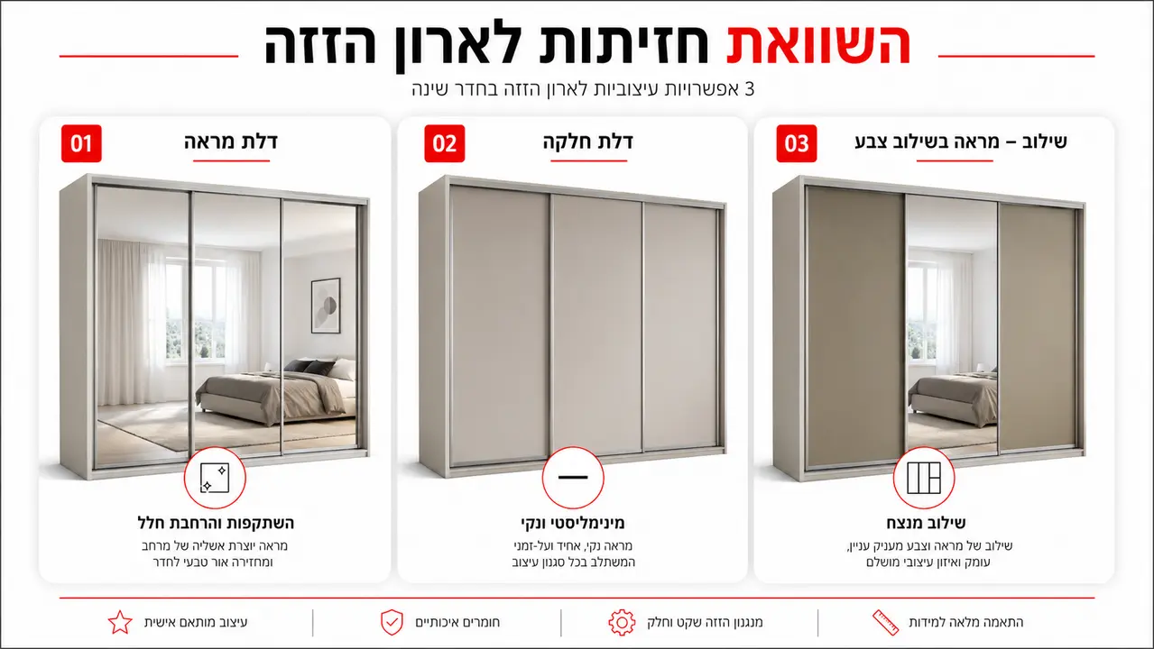השוואה בין דלתות מראה, דלתות חלקות ושילוב חזיתות בארון הזזה